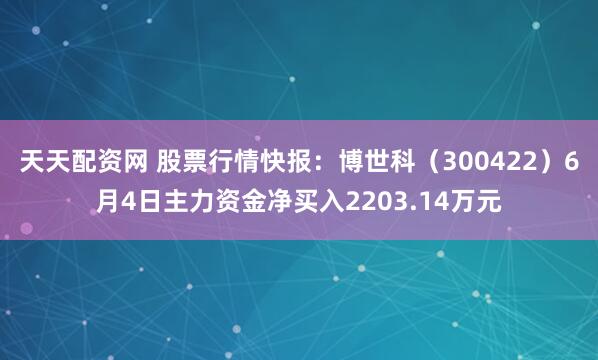 天天配资网 股票行情快报：博世科（300422）6月4日主力资金净买入2203.14万元